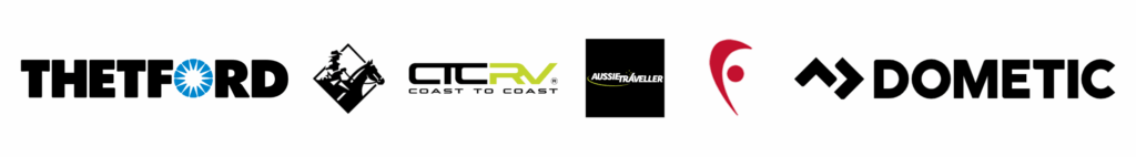 Logos of trusted caravan insurance and authorized repair partners: Thetford, Coast to Coast RV, Aussie Traveller, CIL Insurance, and Dometic.