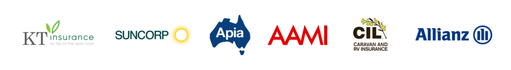 Logos of Northern Rivers Caravan Repairs' approved caravan insurance partners, including KT Insurance, Suncorp, Apia, AAMI, CIL Caravan and RV Insurance, and Allianz.