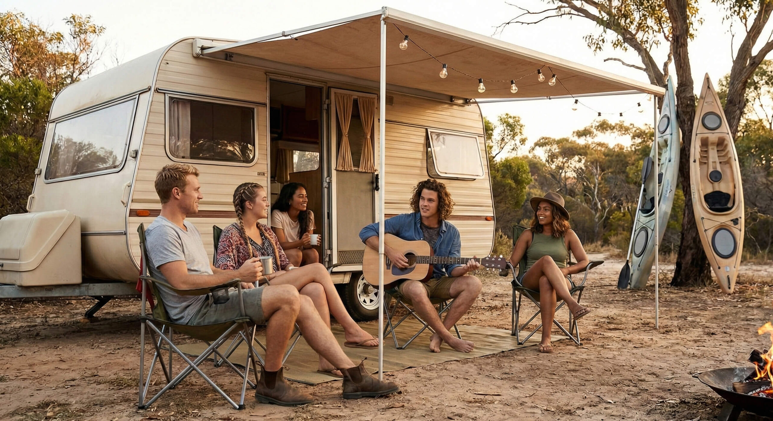 A photograph of a diverse group of five happy friends enjoying a secure and carefree evening under a caravan’s extended awning at dusk, a man playing guitar while others laugh around a campfire. This idyllic scene of protected travel is the essence of why we offer comprehensive caravan insurance.