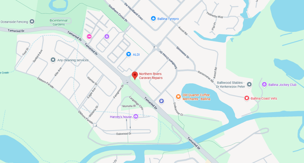 A map view showing the location and service area for NRCR in the Northern Rivers region, providing expert caravan service and repairs to the surrounding NSW coast.