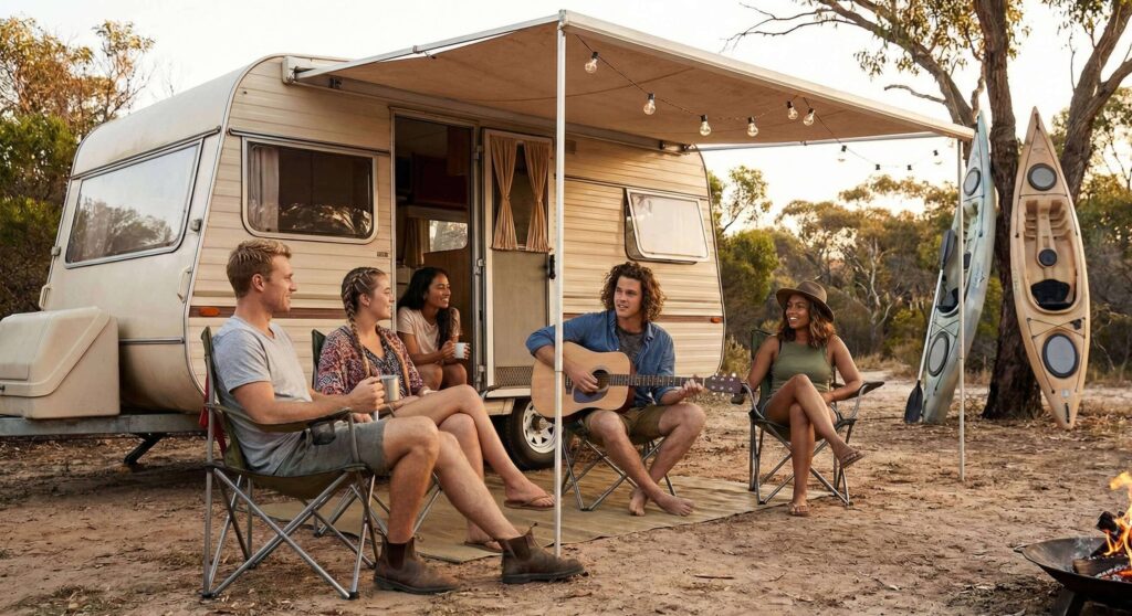 A photograph of a diverse group of five happy friends enjoying a secure and carefree evening under a caravan’s extended awning at dusk, a man playing guitar while others laugh around a campfire. This idyllic scene of protected travel is the essence of why we offer comprehensive caravan insurance.